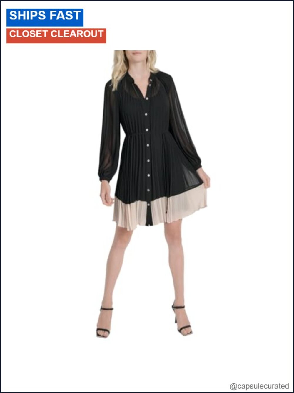 Long Sleeve Pleated Shift Dress with Collared Neck, Polyester